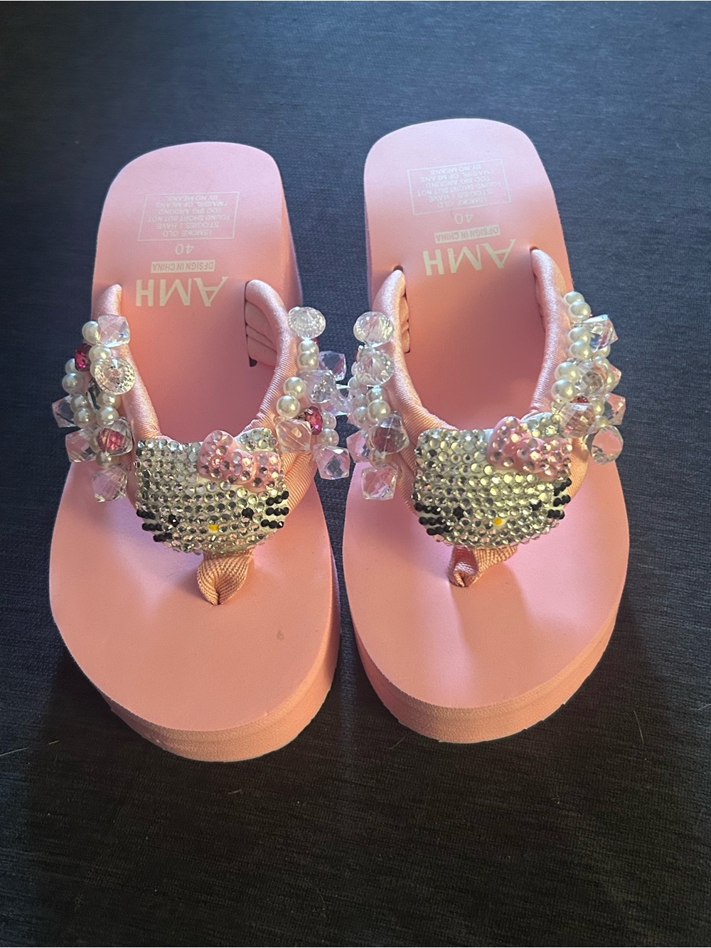 Pink Embellished Hello Kitty Style Flip Flop Wedge Sandals